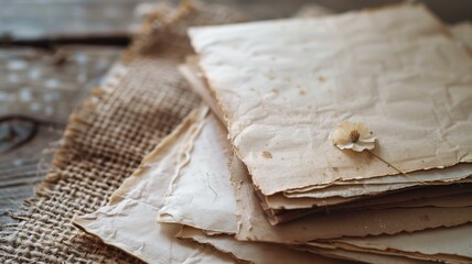 Vintage papers tied with string on a wooden table, evoking an old-fashioned, nostalgic atmosphere
