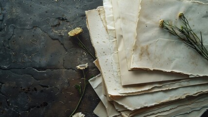 A stack of aged, blank paper sheets with delicate yellow flowers and a sprig greenery on dark textured surface