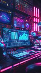A vibrant and futuristic music production setup with neon lights and advanced sound editing screens