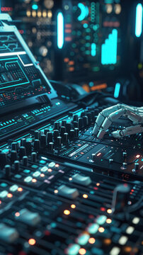 Close-up of a robot's hand manipulating controls on an audio mixing soundboard with digital displays