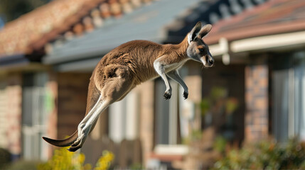 A kangaroo jumps in a residential area.