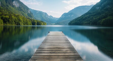 Serene lake in the countryside, with crystal-clear waters reflecting the surrounding mountains and a single wooden dock.