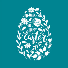 Awesome happy easter card in vector. Funny rabbits and spring flowers with hearts. Stylish holiday background in popular style.Vector illustration. - 774197467