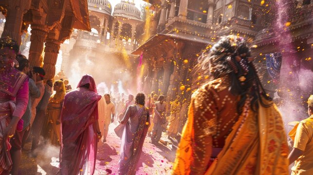 Holi Festival Atmosphere at Ancient Indian Temple