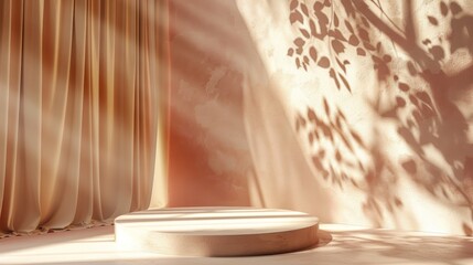 Minimal abstract podium background for product presentation. Sunshade shadow on beige plaster wall. 3d render illustration.