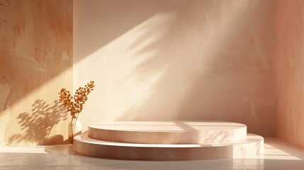 Minimal abstract podium background for product presentation. Sunshade shadow on beige plaster wall. 3d render illustration.