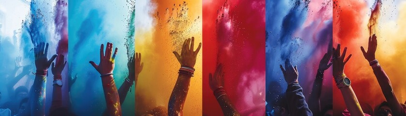 Joyful Hands Rising in Colorful Holi Celebration - obrazy, fototapety, plakaty