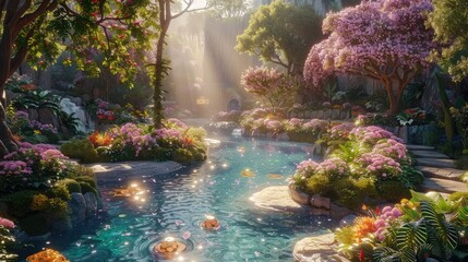 Fototapeta na wymiar Enchanted Garden with Waterfall and Blooming Flowers