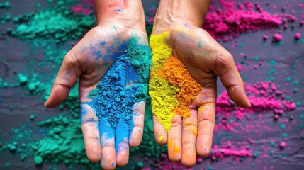 Colorful Celebration: Hands Grasping Vibrant Holi Color Powder in Joyous Embrace