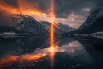 A serene mountain setting with a dramatic fiery streak splitting the image, reflecting in calm waters below.
