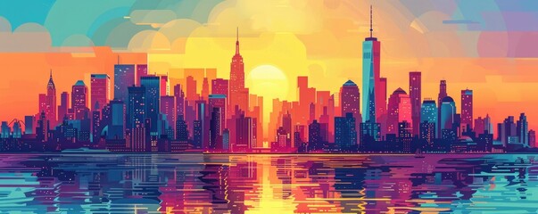 Stylized Sunset Skyline Reflection Over Water