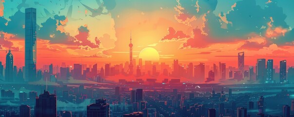 Surreal City Skyline at Sunrise Illustration