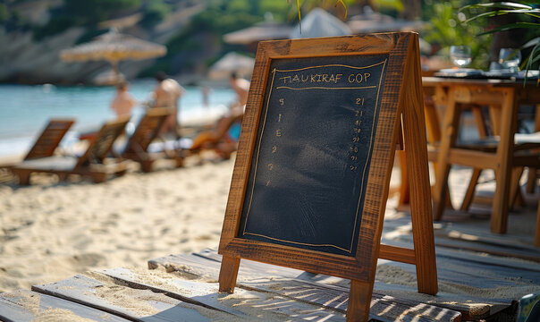 A restaurant shop A-frame mock up sign or menu boards standing in summer beach