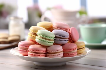 Fototapeta premium Colourful macarons dessert on plate for selling premium dessert on restaurant elegant blurred background.