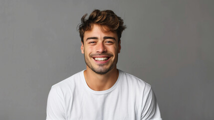 Smiling young caucasian man wearing white t-shirt, isolated on gray background - obrazy, fototapety, plakaty