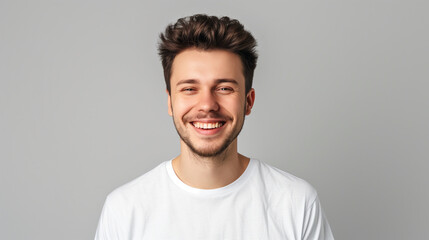 Smiling young caucasian man wearing white t-shirt, isolated on gray background