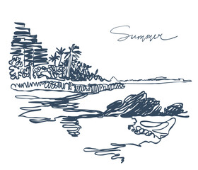 Seascape. The seashore. Drawing with one continuous line.  vector illustration. - 774199092