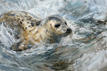 Fototapeta premium A playful seal in the arctic ice, its movements captured in the fluid strokes of oil paints
