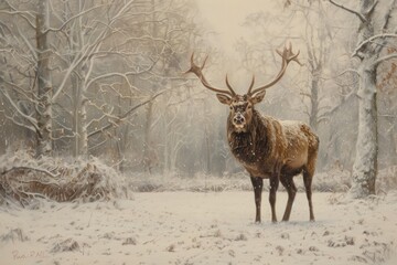 A proud stag standing in a snowy clearing, its antlers majestic in the stark oil paints