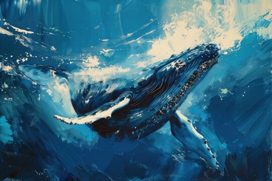 A mysterious whale under the ocean, its vastness depicted in the broad strokes of oil painting
