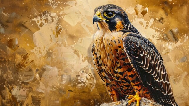 A regal falcon perched with piercing eyes, its gaze intense in the precision of oil paints