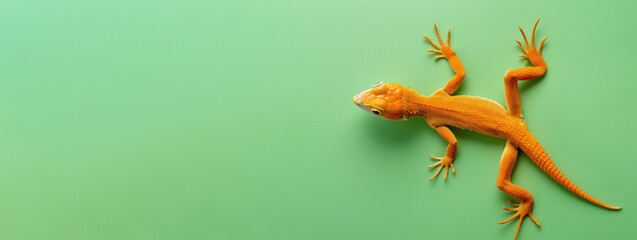 Little orange lizard on green background, banner. - obrazy, fototapety, plakaty