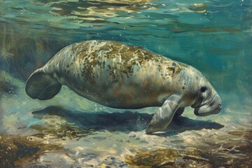 A gentle manatee grazing underwater, its bulky form rendered softly in the depth of oil painting