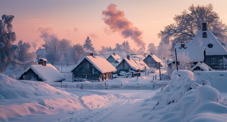 Snow-blanketed rural village, with smoke rising from chimneys and snow-covered roofs adding to the...