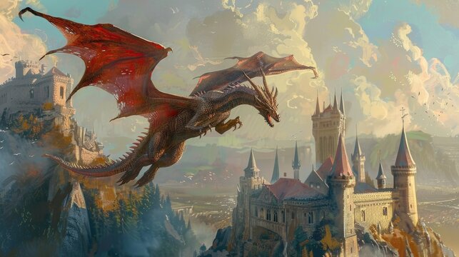 A fierce dragon flying over a medieval castle, its scales shimmering in the fantasy of oil paints