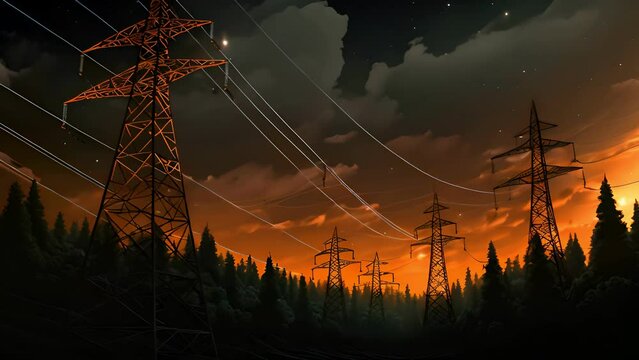 Electricity transmission towers with orange glowing wires the starry night sky. Energy infrastructure concept, energy, electricity, voltage, supply