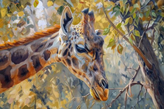 A gentle giraffe browsing on tree leaves, its long neck elegantly portrayed in oil painting strokes