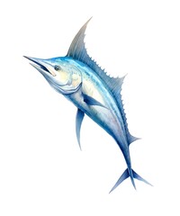 Naklejka premium Watercolor illustration of a blue marlin fish isolated on white background.