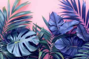 Fototapeten A summer monotone blue tropical seamless pattern with exotic palm leaves in a forest. Modern illustration on pink background. © Diana