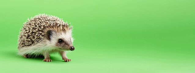 Little hedgehog on green background, copy space