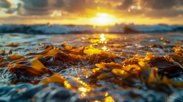 Seaweed washed ashore by wave. Yellow-green algae illuminated by rays of sun, bokeh, splashes of water. Sunset or sunrise.
