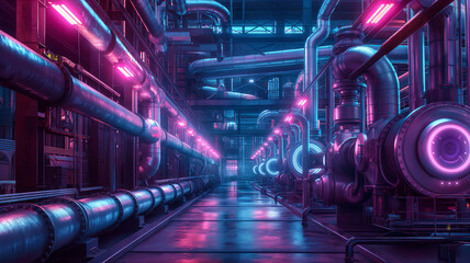 A neon colored industrial space with pipes and tubes - obrazy, fototapety, plakaty