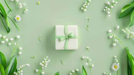 Top View Of 3D White Gift Box With Lily Of The Valley And Daisies Flowers Around