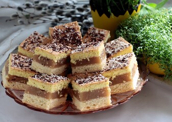 tasty cake and cup of coffee as dessert