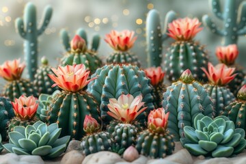 This seamless modern pattern features a summer cactus on a desert mix with a beautiful blooming succulents flower on a light beige sand background.