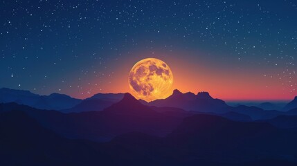 Luminous full moon rising behind silhouetted mountains - obrazy, fototapety, plakaty