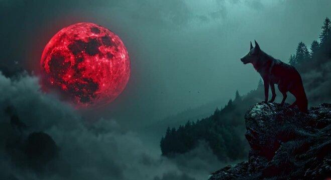 wolf on the top of the mountain during the red moon footage