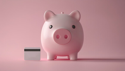Piggy bank with credit card on pink background.