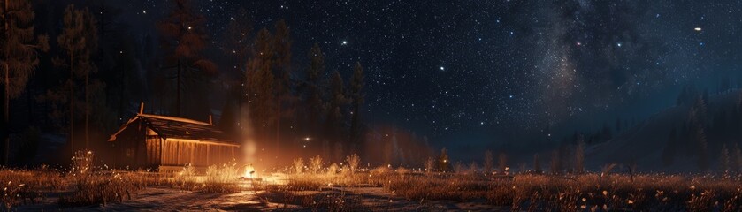 Bright stars twinkle above a lone wanderers campfire in the wilderness. - obrazy, fototapety, plakaty