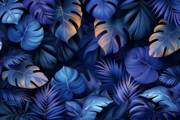 In a monotone blue and gray color scheme, a silhouette tropical foliage is surrounded by stripe leaves in a colorful mood seamless pattern in modern for fashion fabrics and all printing applications
