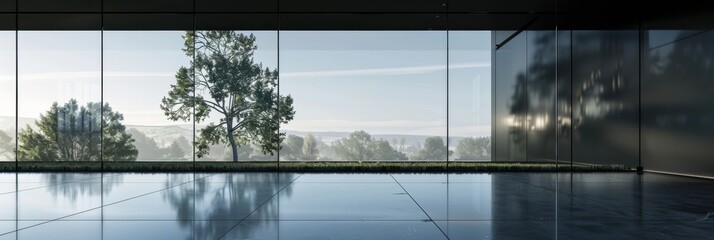 A wide, sleek expanse of black glass, its surface reflecting a subtle interplay of light and shadow, creating a sophisticated and modern backdrop