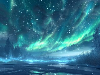 Celestial dance of the Northern Lights against a starry backdrop over a silent - obrazy, fototapety, plakaty
