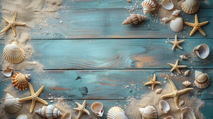 Background with free space, wooden slats with shells, starfish and sand. The concept of a vacation at sea. - obrazy, fototapety, plakaty