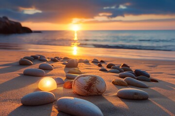 Smooth stones on a sandy beach with the sun rising over the horizon.