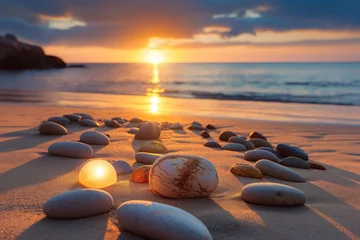 Fotobehang Smooth stones on a sandy beach with the sun rising over the horizon. © cherezoff