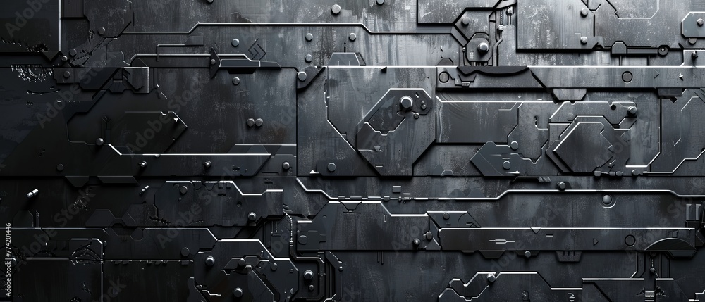 Wall mural heavy industrial tech steel cyber metal brutal dark background with chaotic structure and metall ele